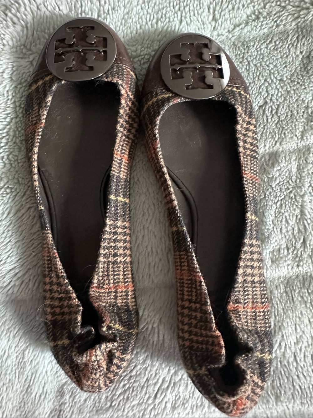 Tory Burch Reva Brown Houndstooth Plaid Logo Ballet Flats